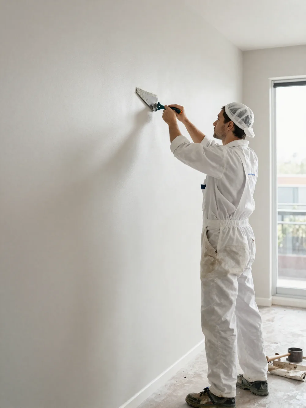 Decorator in workwear preparing a wall surface