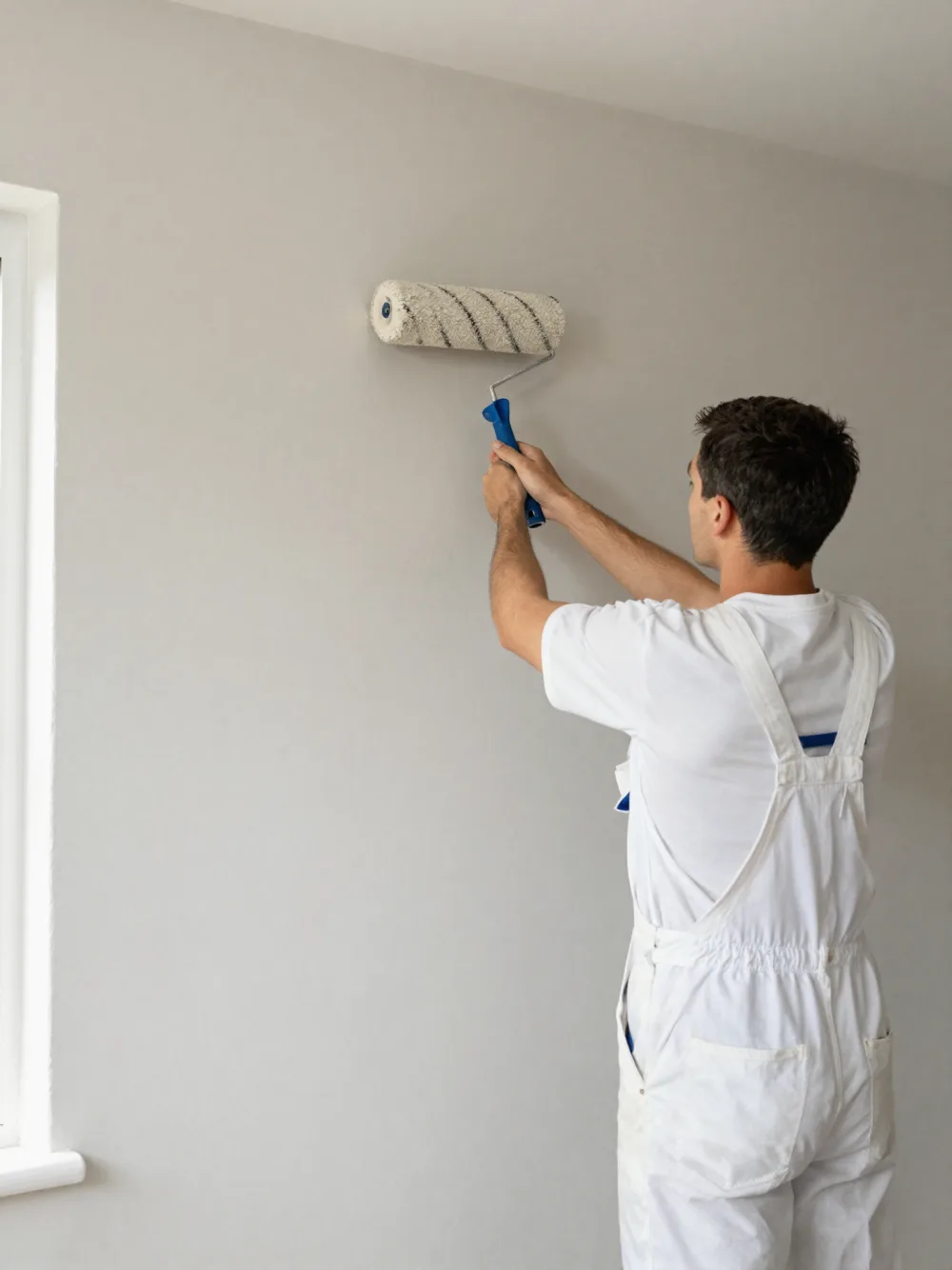 Decorator applying a fresh coat of paint to a wall with a roller