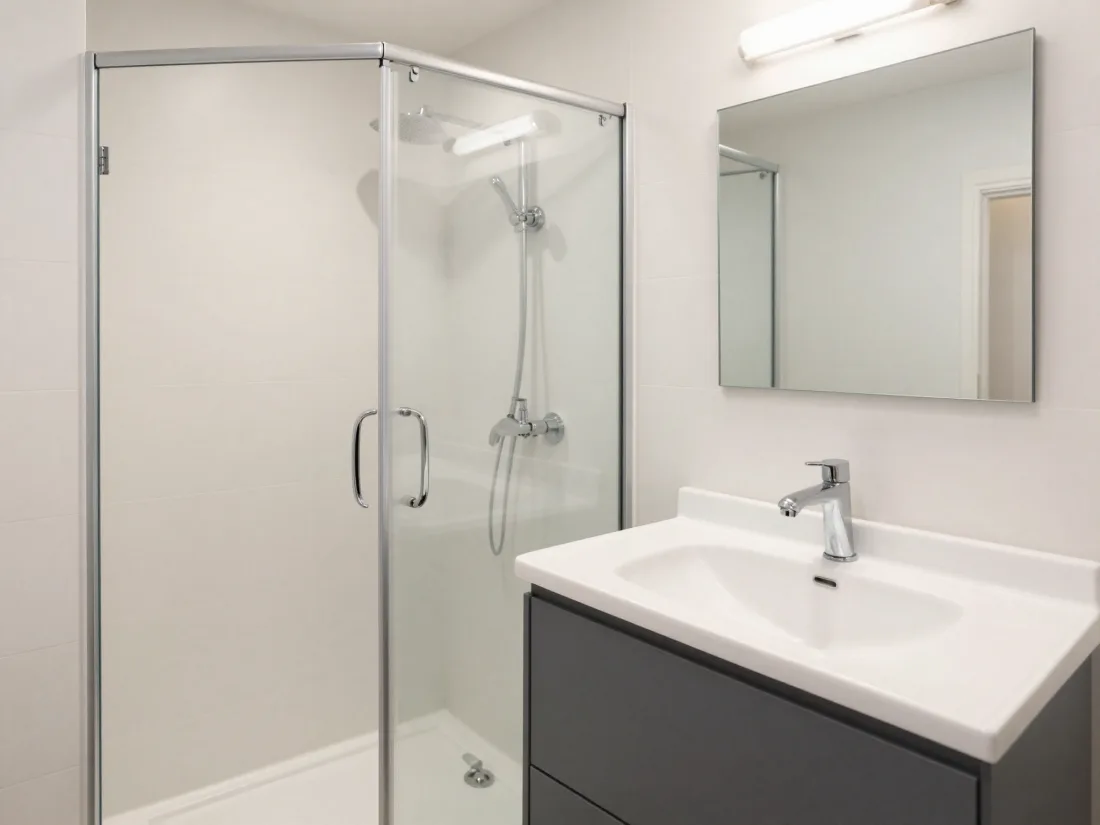 Freshly fitted modern bathroom with tiled walls and a walk-in shower