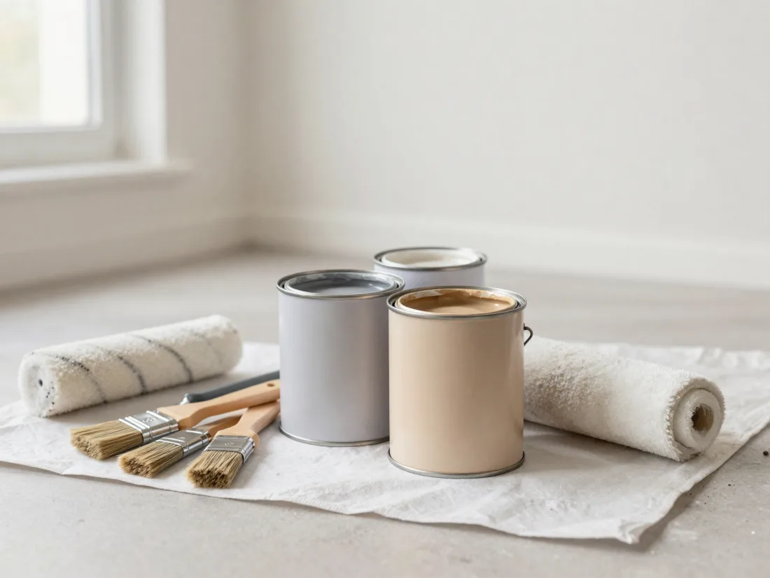 Paint tins and brushes prepared for interior decorating