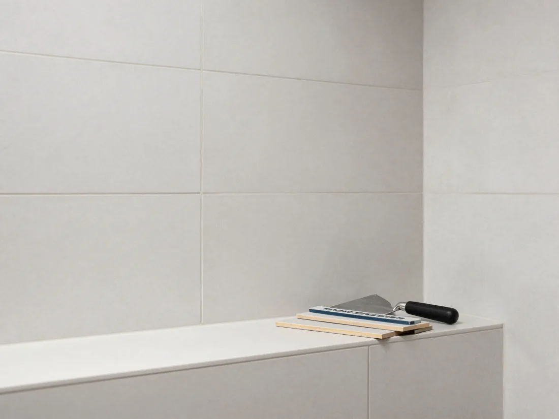 Freshly tiled wall with neat grout lines and a tiling trowel