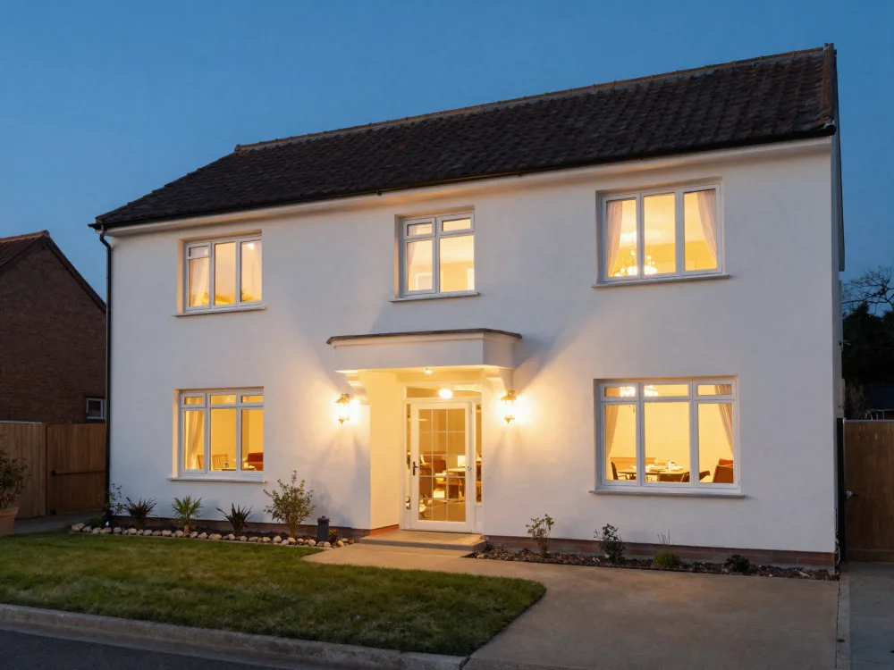 House exterior at dusk after renovation
